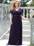 Plus Size Empire Waist V Back Bridesmaid Dress with Short Sleeves – Dark Purple