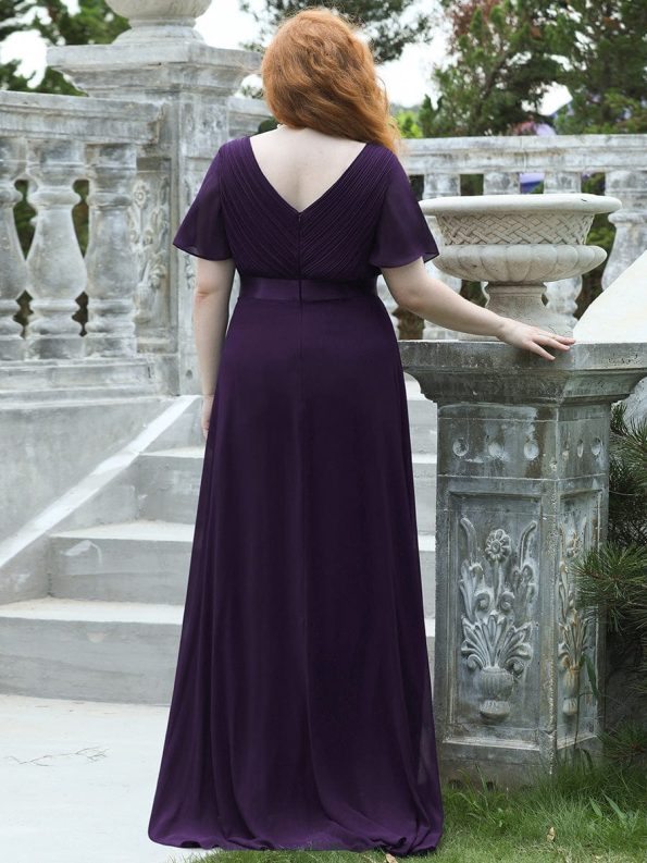 Plus Size Empire Waist V Back Bridesmaid Dress with Short Sleeves - Dark Purple