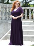 Plus Size Empire Waist V Back Bridesmaid Dress with Short Sleeves – Dark Purple