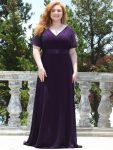 Plus Size Empire Waist V Back Bridesmaid Dress with Short Sleeves – Dark Purple