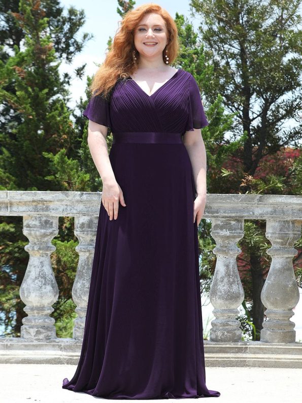 Plus Size Empire Waist V Back Bridesmaid Dress with Short Sleeves - Dark Purple