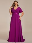 Plus Size Simple Empire Waist Flutter Sleeve Evening Dress - Fuchsia