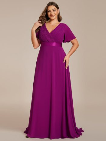 Plus Size Simple Empire Waist Flutter Sleeve Evening Dress - Fuchsia