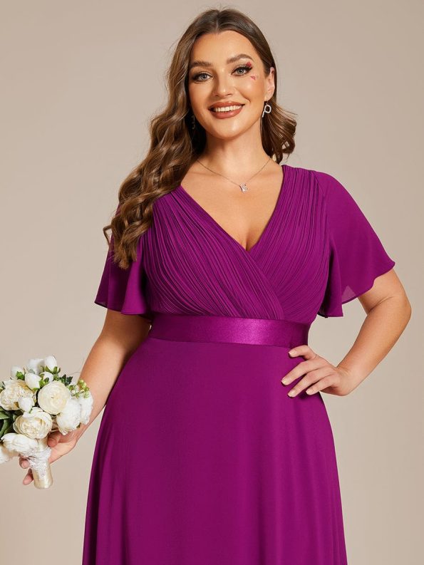 Plus Size Simple Empire Waist Flutter Sleeve Evening Dress - Fuchsia