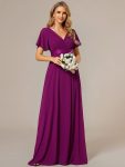 Long Chiffon Empire Waist Bridesmaid Dress with Short Flutter Sleeves – Fuchsia