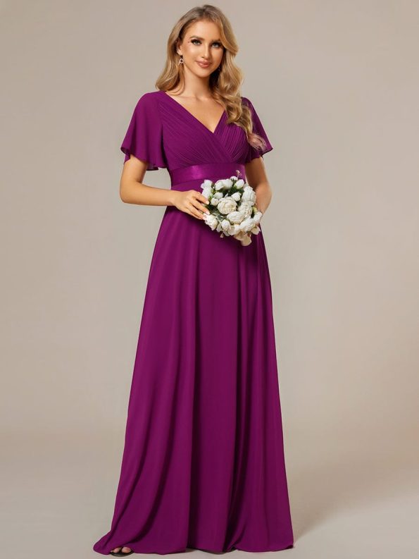 Long Chiffon Empire Waist Bridesmaid Dress with Short Flutter Sleeves - Fuchsia