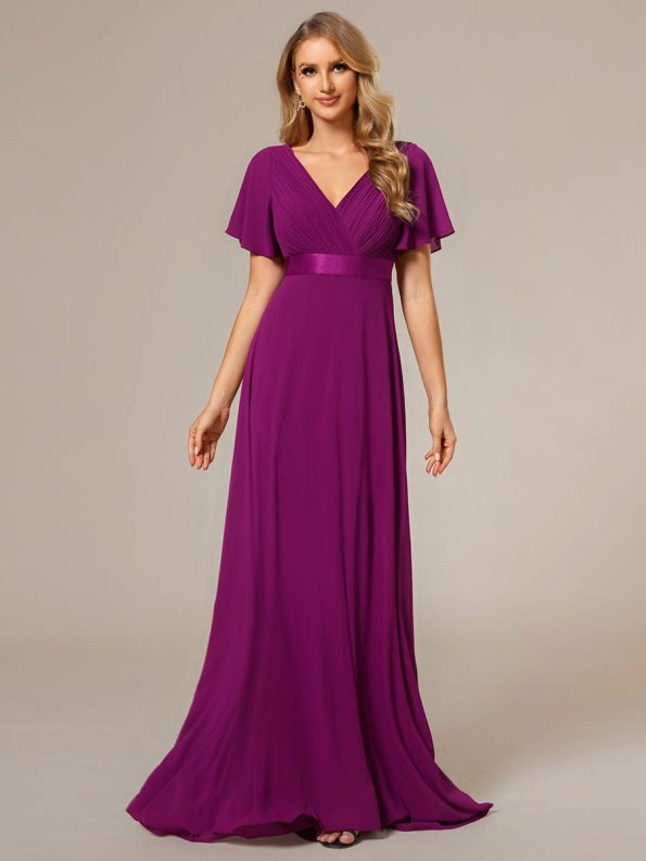 Long Chiffon Empire Waist Bridesmaid Dress with Short Flutter Sleeves - Fuchsia