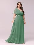 Plus Size Empire Waist V Back Bridesmaid Dress with Short Sleeves – Green Bean