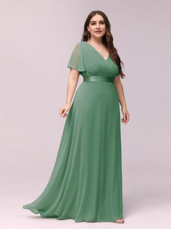 Plus Size Empire Waist V Back Bridesmaid Dress with Short Sleeves - Green Bean