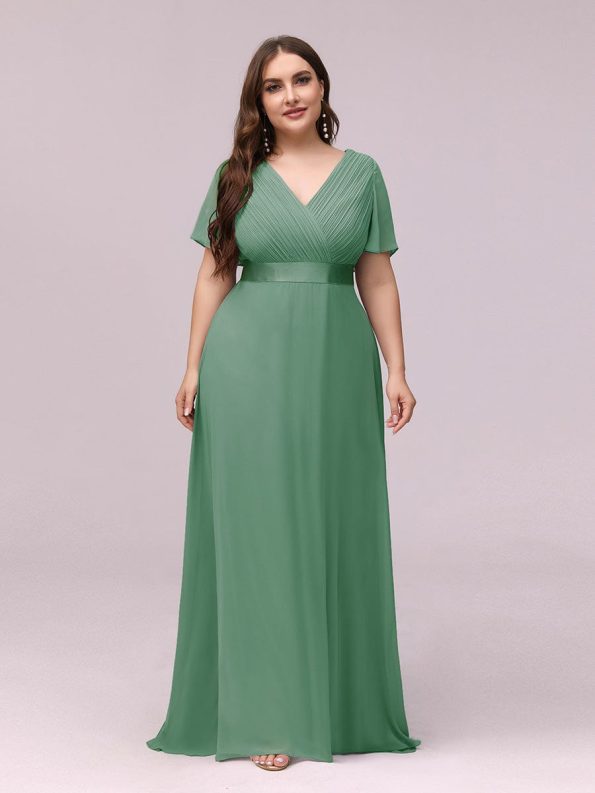 Plus Size Empire Waist V Back Bridesmaid Dress with Short Sleeves - Green Bean