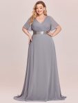 Plus Size Empire Waist V Back Bridesmaid Dress with Short Sleeves – Grey