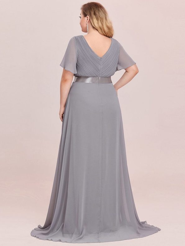 Long Chiffon Empire Waist Bridesmaid Dress with Short Flutter Sleeves - Grey