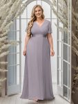 Long Chiffon Empire Waist Bridesmaid Dress with Short Flutter Sleeves – Grey