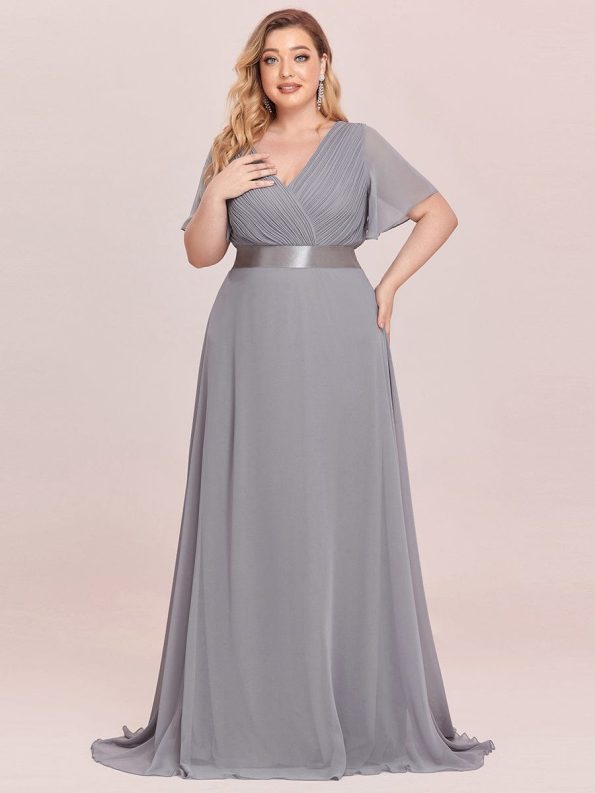 Plus Size Empire Waist V Back Bridesmaid Dress with Short Sleeves - Grey