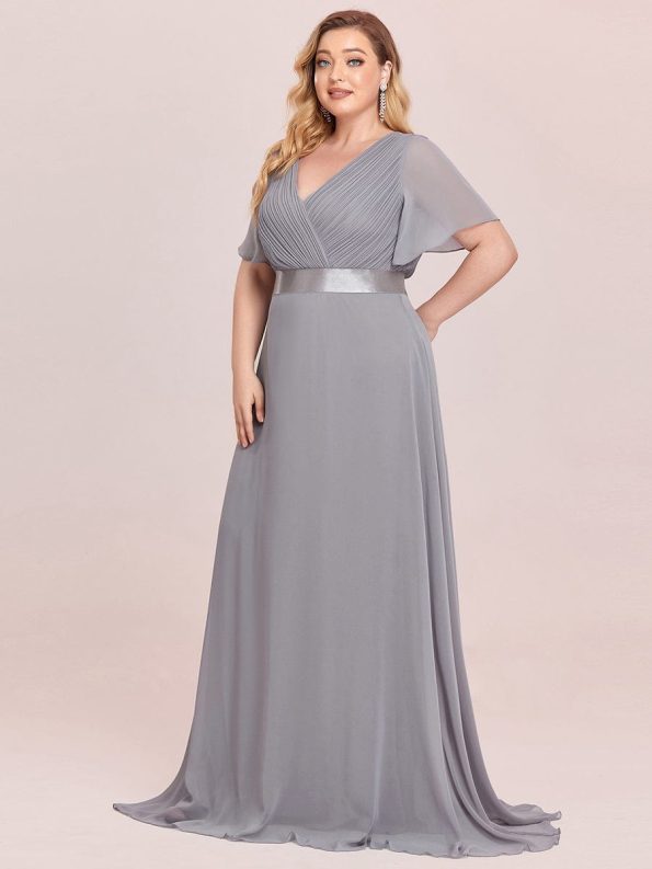 Plus Size Simple Empire Waist Flutter Sleeve Evening Dress - Grey