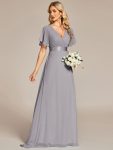 Long Chiffon Empire Waist Bridesmaid Dress with Short Flutter Sleeves – Grey