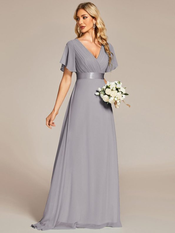 Long Chiffon Empire Waist Bridesmaid Dress with Short Flutter Sleeves - Grey