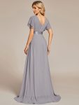 Long Chiffon Empire Waist Bridesmaid Dress with Short Flutter Sleeves – Grey