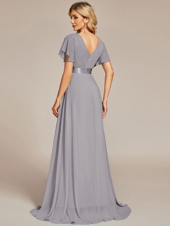 Long Chiffon Empire Waist Bridesmaid Dress with Short Flutter Sleeves - Grey