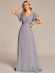 Long Chiffon Empire Waist Bridesmaid Dress with Short Flutter Sleeves – Grey