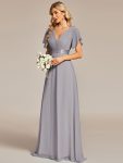 Long Chiffon Empire Waist Bridesmaid Dress with Short Flutter Sleeves – Grey