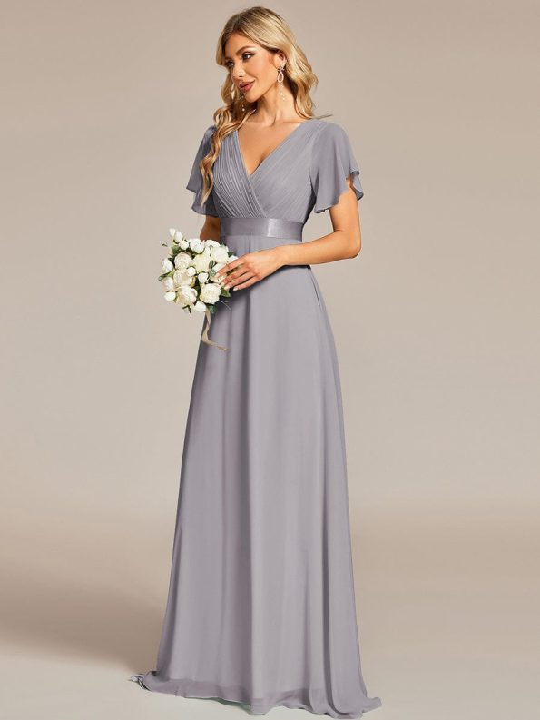 Long Chiffon Empire Waist Bridesmaid Dress with Short Flutter Sleeves - Grey