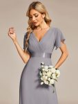 Long Chiffon Empire Waist Bridesmaid Dress with Short Flutter Sleeves – Grey