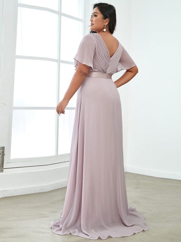 Long Empire Waist Bridesmaid Dress with Short Flutter Sleeves - Lilac