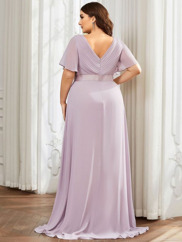 Plus Size Empire Waist V Back Bridesmaid Dress with Short Sleeves - Lilac