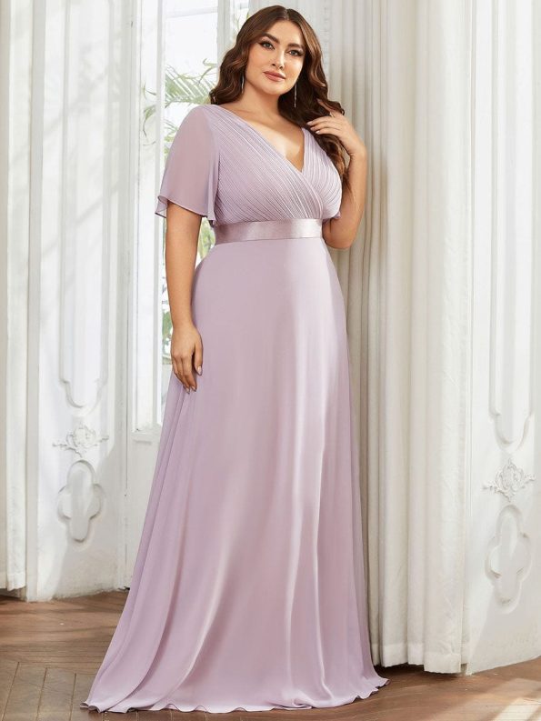 Plus Size Simple Empire Waist Flutter Sleeve Evening Dress - Lilac