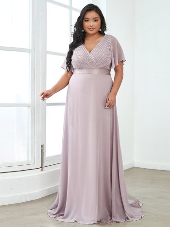 Custom Size Flutter Sleeves Chiffon Empire Waist Bridesmaid Dress - Lilac