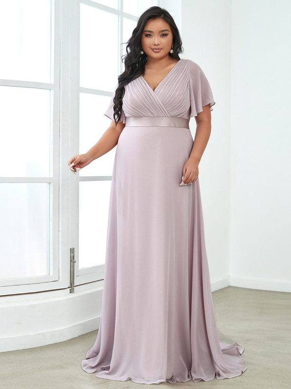 Long Empire Waist Bridesmaid Dress with Short Flutter Sleeves - Lilac