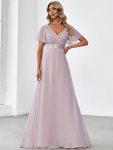 Long Empire Waist Bridesmaid Dress with Short Flutter Sleeves – Lilac