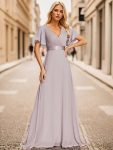 Long Empire Waist Bridesmaid Dress with Short Flutter Sleeves – Lilac