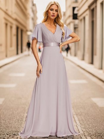 Long Empire Waist Bridesmaid Dress with Short Flutter Sleeves - Lilac