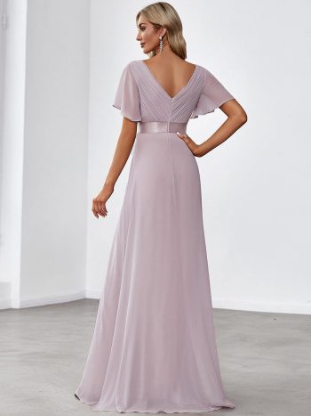 Long Empire Waist Bridesmaid Dress with Short Flutter Sleeves - Lilac