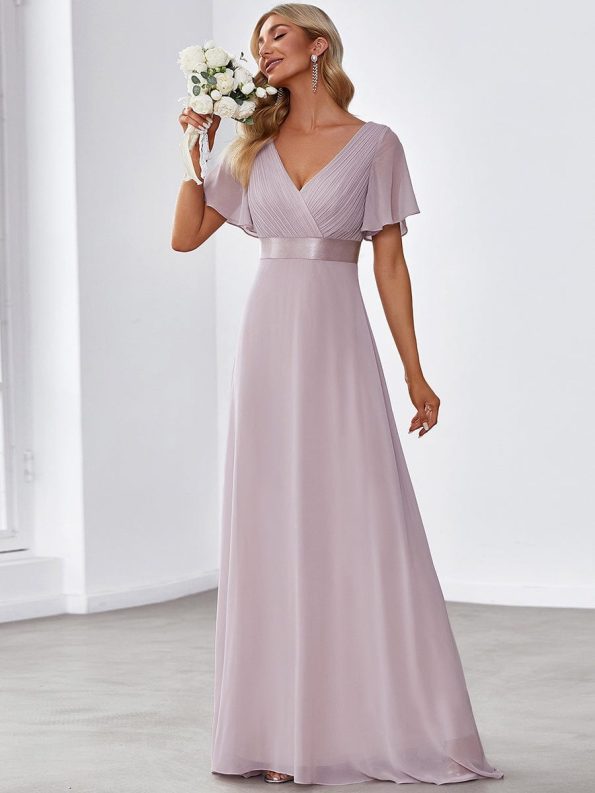 Long Empire Waist Bridesmaid Dress with Short Flutter Sleeves - Lilac