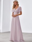 Long Empire Waist Bridesmaid Dress with Short Flutter Sleeves – Lilac