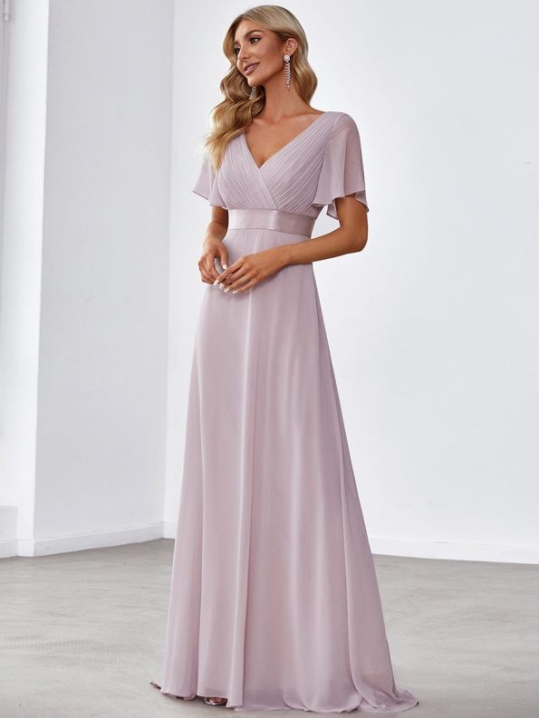 Long Empire Waist Bridesmaid Dress with Short Flutter Sleeves - Lilac