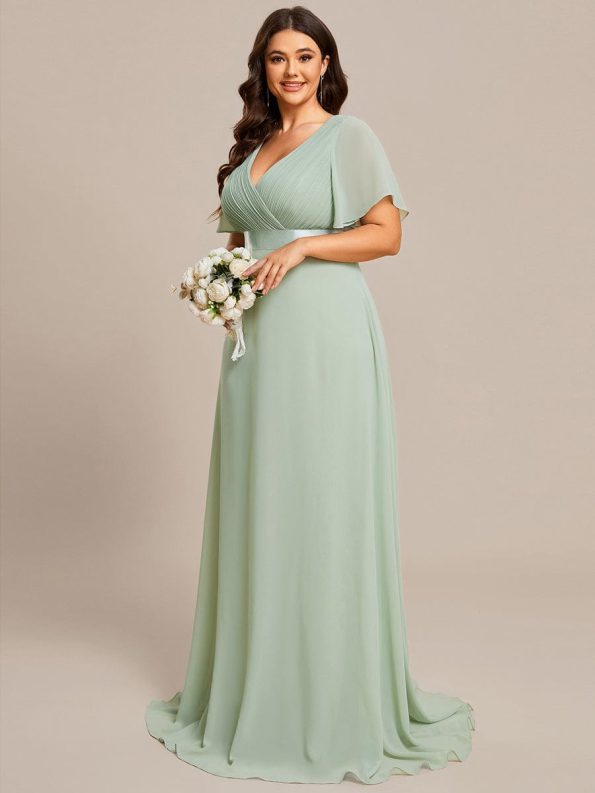 Plus Size Simple Empire Waist Flutter Sleeve Evening Dress - Mint Green