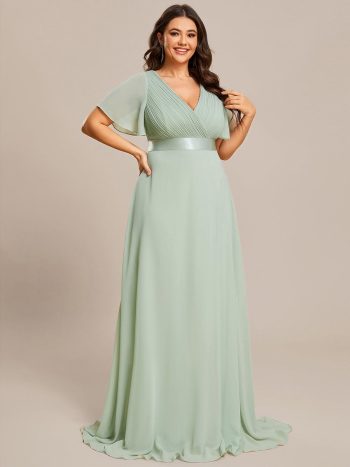 Plus Size Simple Empire Waist Flutter Sleeve Evening Dress - Mint Green