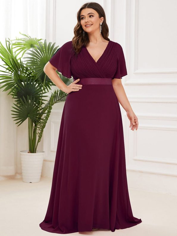 Plus Size Empire Waist V Back Bridesmaid Dress with Short Sleeves - Mulberry