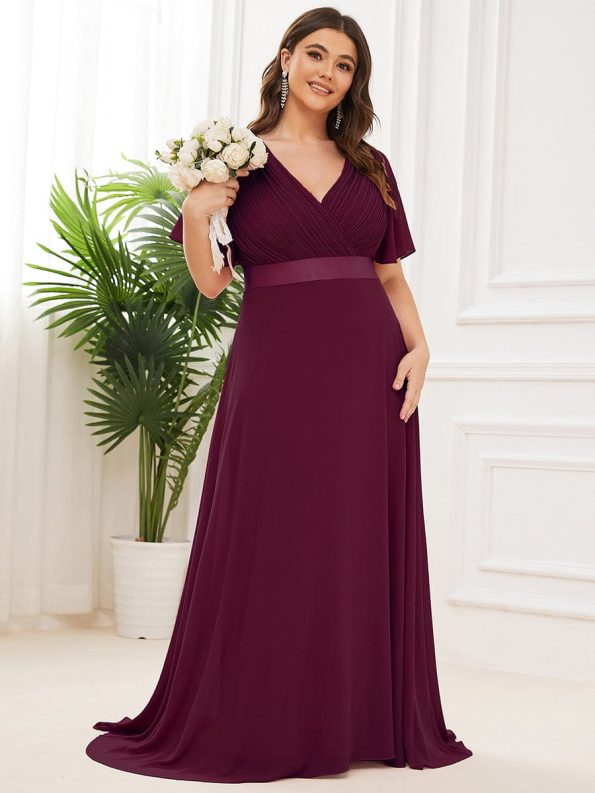 Plus Size Empire Waist V Back Bridesmaid Dress with Short Sleeves - Mulberry