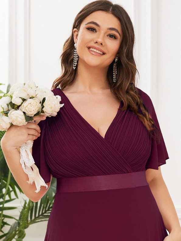 Plus Size Simple Empire Waist Flutter Sleeve Evening Dress - Mulberry