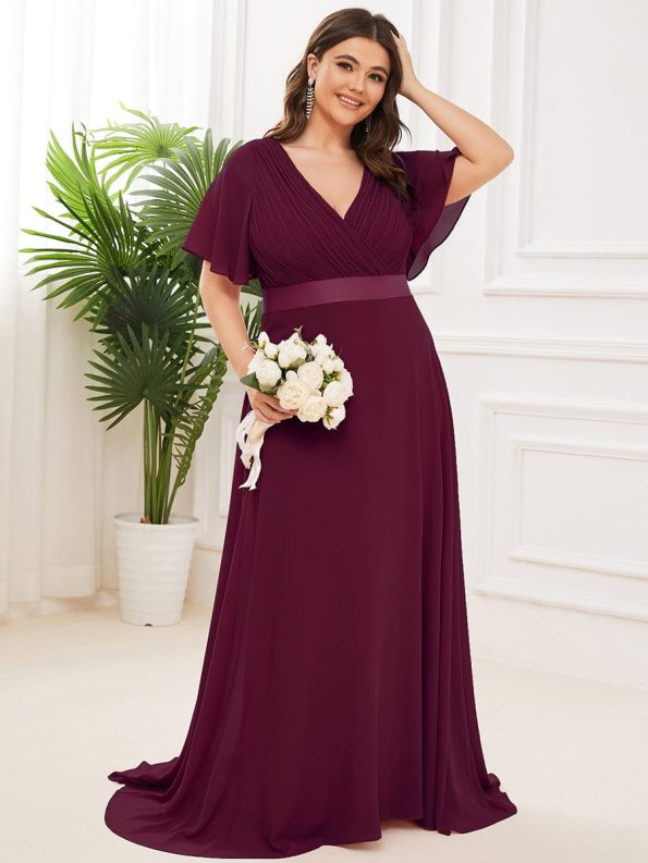 Plus Size Simple Empire Waist Flutter Sleeve Evening Dress - Mulberry