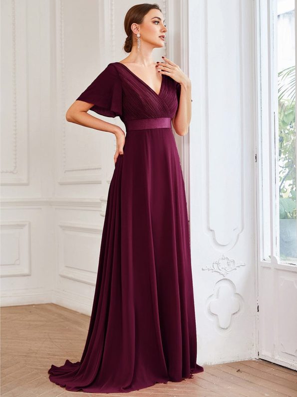 Long Chiffon Empire Waist Bridesmaid Dress with Short Flutter Sleeves - Mulberry