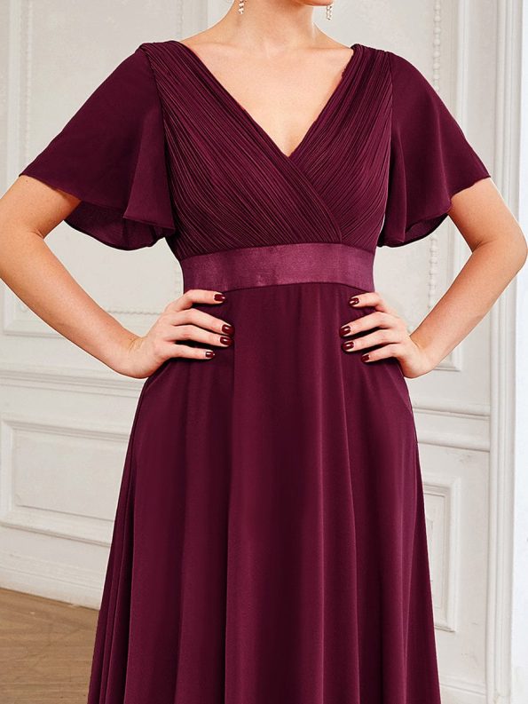 Long Chiffon Empire Waist Bridesmaid Dress with Short Flutter Sleeves - Mulberry