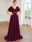 Long Chiffon Empire Waist Bridesmaid Dress with Short Flutter Sleeves – Mulberry