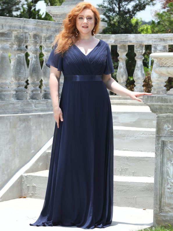 Custom Size Flutter Sleeves Chiffon Empire Waist Bridesmaid Dress - Navy Blue