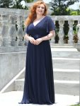 Plus Size Empire Waist V Back Bridesmaid Dress with Short Sleeves – Navy Blue